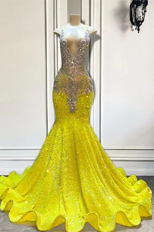 Yellow V-Neck Sleeveless Mermaid Prom Party Dresses Featuring Beadings and Sequins Tunics Short Trendy