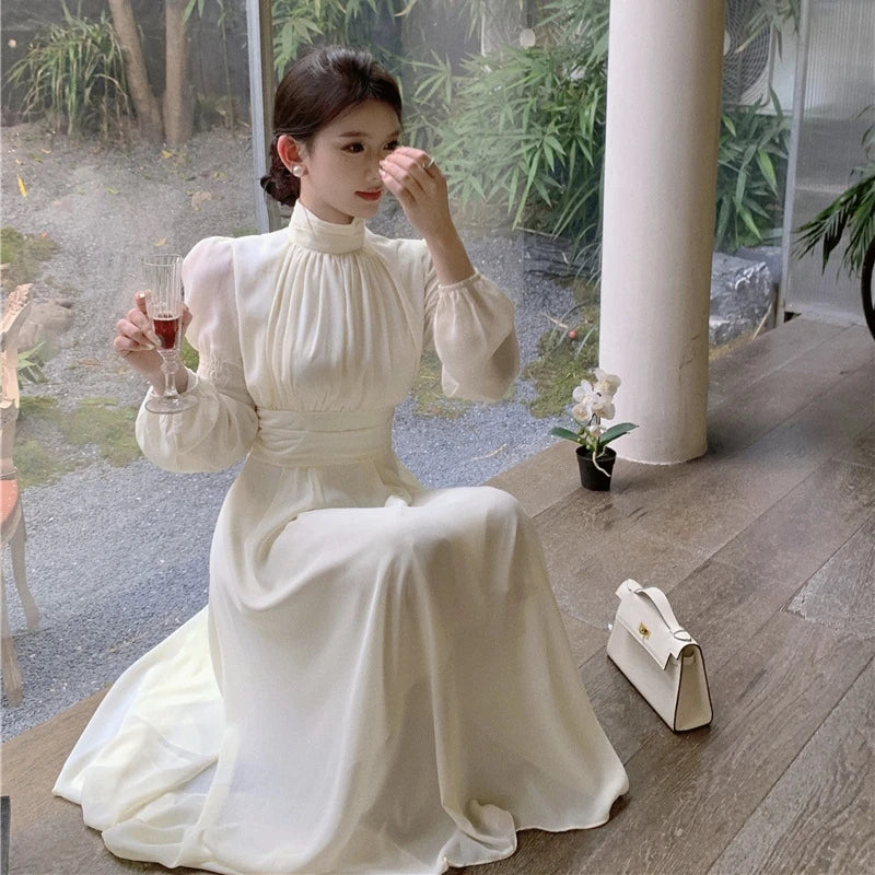 Wjczt 2024 Autumn Vintage Long Dress Women Stand Collar Long Lantern Sleeve High Waist Dresses Elegant Chic Party Dress Tunics Floral girly