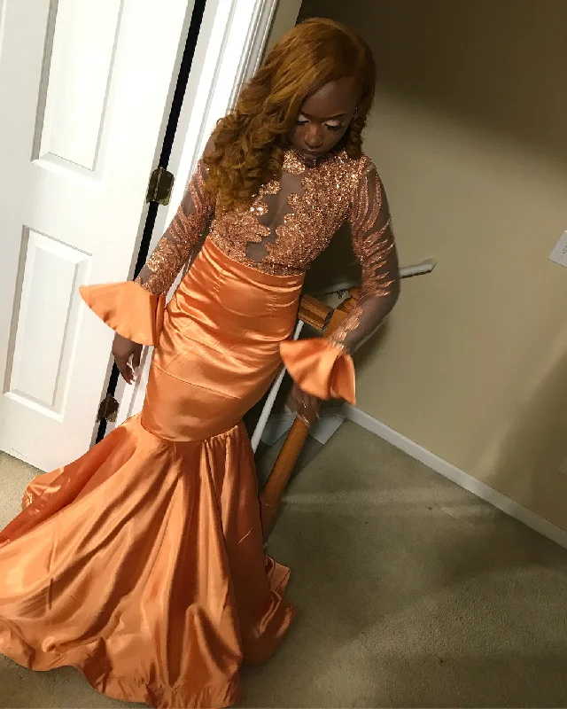 Stunning Mermaid Floor-Length Crew Prom Dresses | Appliques Long Sleeves  Evening Dresses