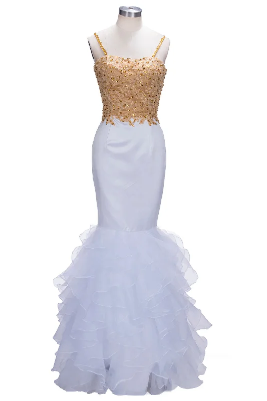 Ruffles Lace Appliques Sleeveless Evening Dress Spaghetti Strap Gold Beading Sexy Mermaid Prom Dress Ruffles Lace Appliques Sleeveless Evening Dress Spaghetti Strap Gold Beading Sexy Mermaid Prom Dress