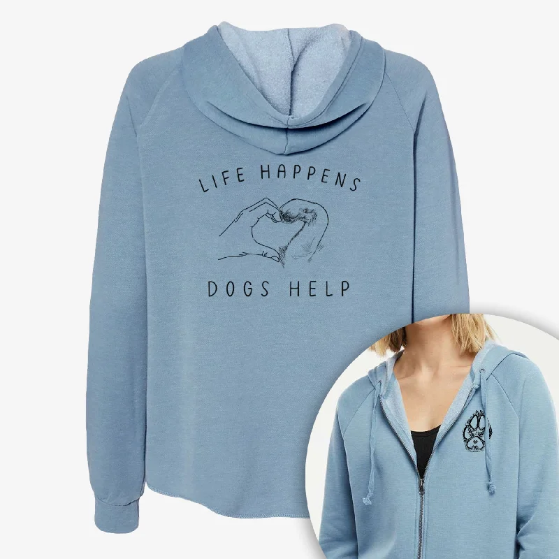 Life Happens Dogs Help - Paw Hand Heart - Women's Cali Wave Zip-Up Sweatshirt Hoodie with Button Classic Timeless Life Happens Dogs Help - Paw Hand Heart - Women's Cali Wave Zip-Up Sweatshirt Hoodie with Button Classic Timeless
