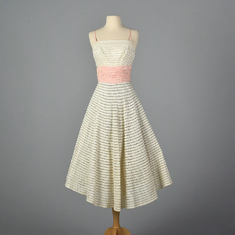 1950s White Party Dress with Sheer Mesh Stripes Tunics Denim casual