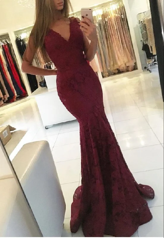 Sleeveless Mermaid Newest Lace Burgundy Formal Dresses Sweep Train V-neck Prom Dress BA6827 Sleeveless Mermaid Newest Lace Burgundy Formal Dresses Sweep Train V-neck Prom Dress BA6827