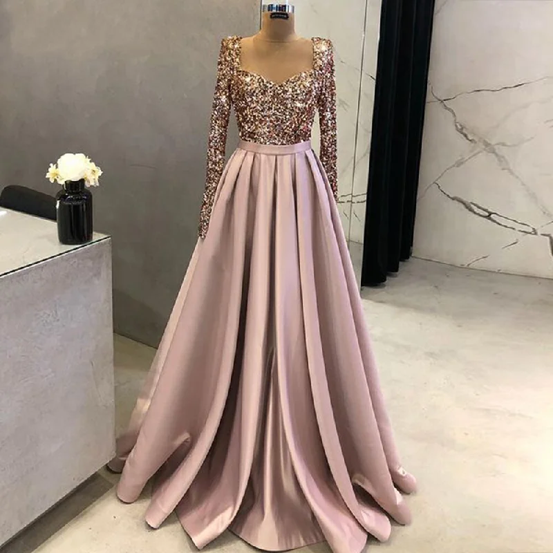 Cinessd Back to school outfit Sparkle Evening Dresses 2024 V-Neck A-Line Sequin Prom Party Dress Long Sleeves Pink Long Evening Gowns Robe De Soiree Tunics Essential wardrobe