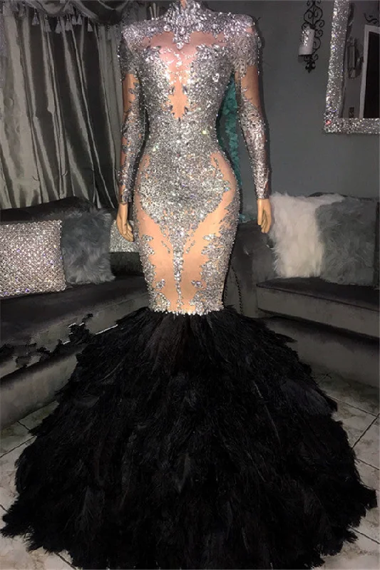 Elegant High Neck Long Sleeves Party Dresses | Feather Sliver Sequins Mermaid Prom Dresses BC1265 Boat Neckline Classic