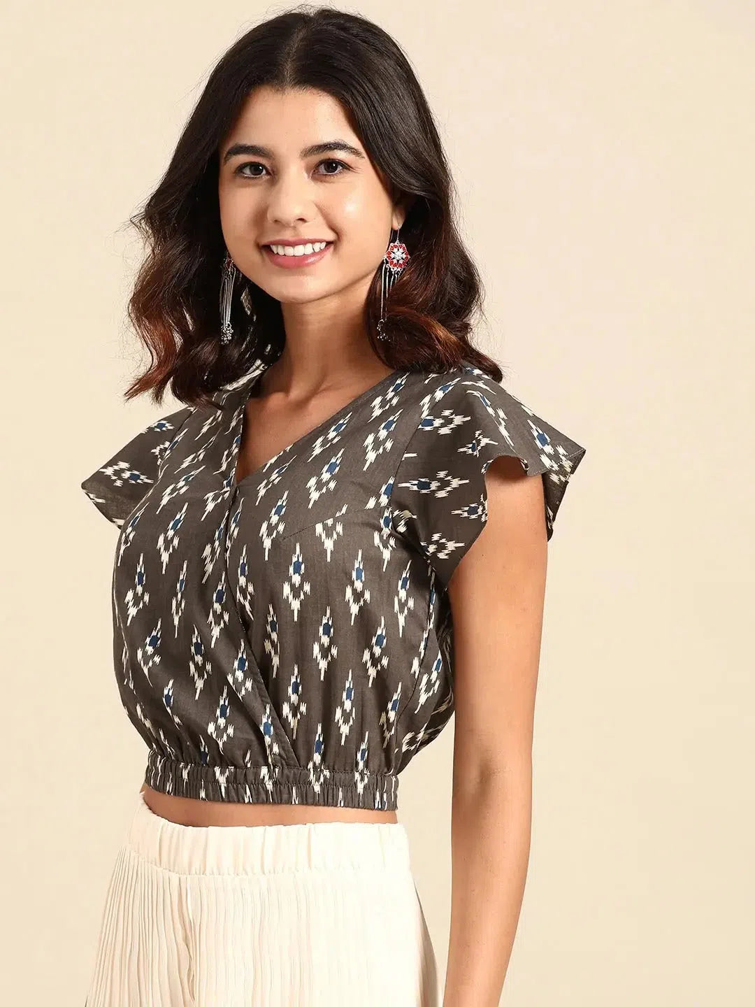 Crop top with flare sleeve in Grey Print Ribbed Crop Top High Neck Heavyweight