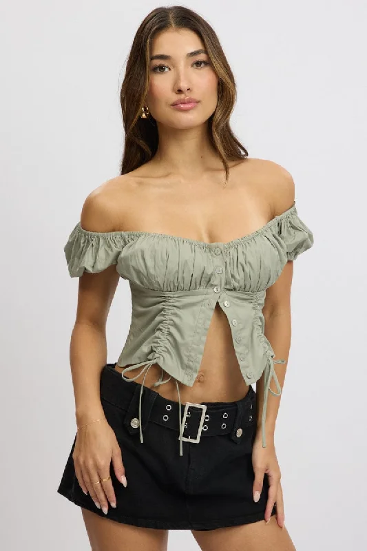 Green Crop Top Short Sleeve Ruched Button Front Chenille Blend Fleece Blend Nylon Blend