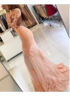 Long Sleeve Coral Lace Formal Dress Appliques Newest High Neck Mermaid Prom Dress BA6227 Long Sleeve Coral Lace Formal Dress Appliques Newest High Neck Mermaid Prom Dress BA6227