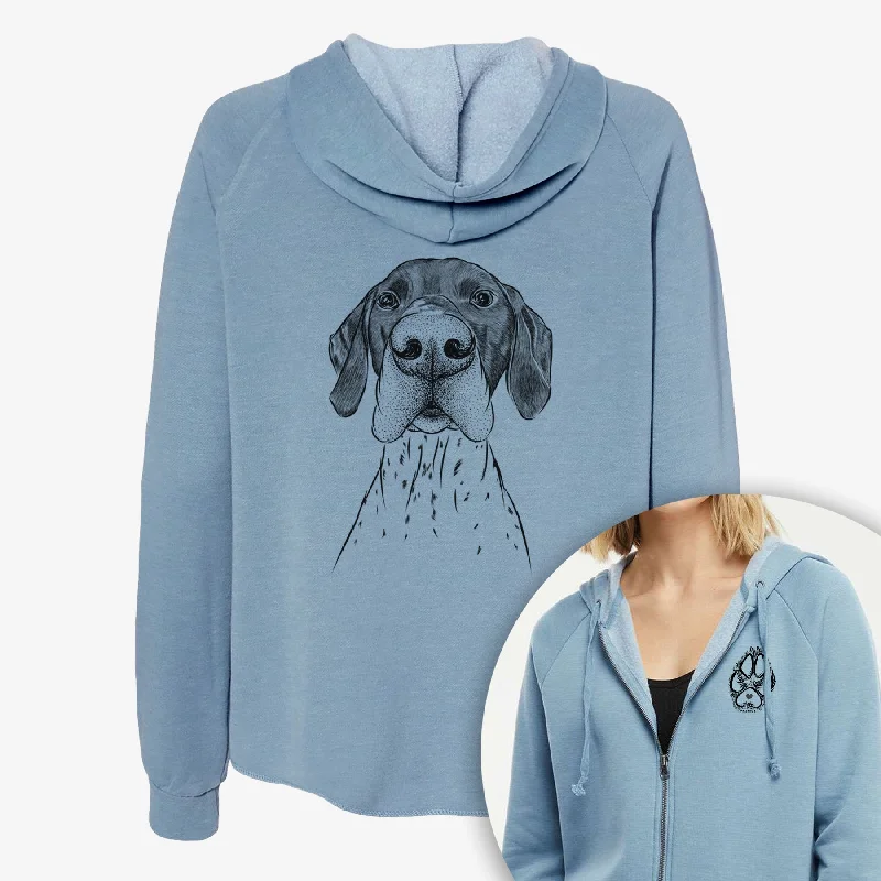 Booze the German Shorthaired Pointer - Women's Cali Wave Zip-Up Sweatshirt Hoodie with Rolled Sleeves Casual Relaxed Booze the German Shorthaired Pointer - Women's Cali Wave Zip-Up Sweatshirt Hoodie with Rolled Sleeves Casual Relaxed