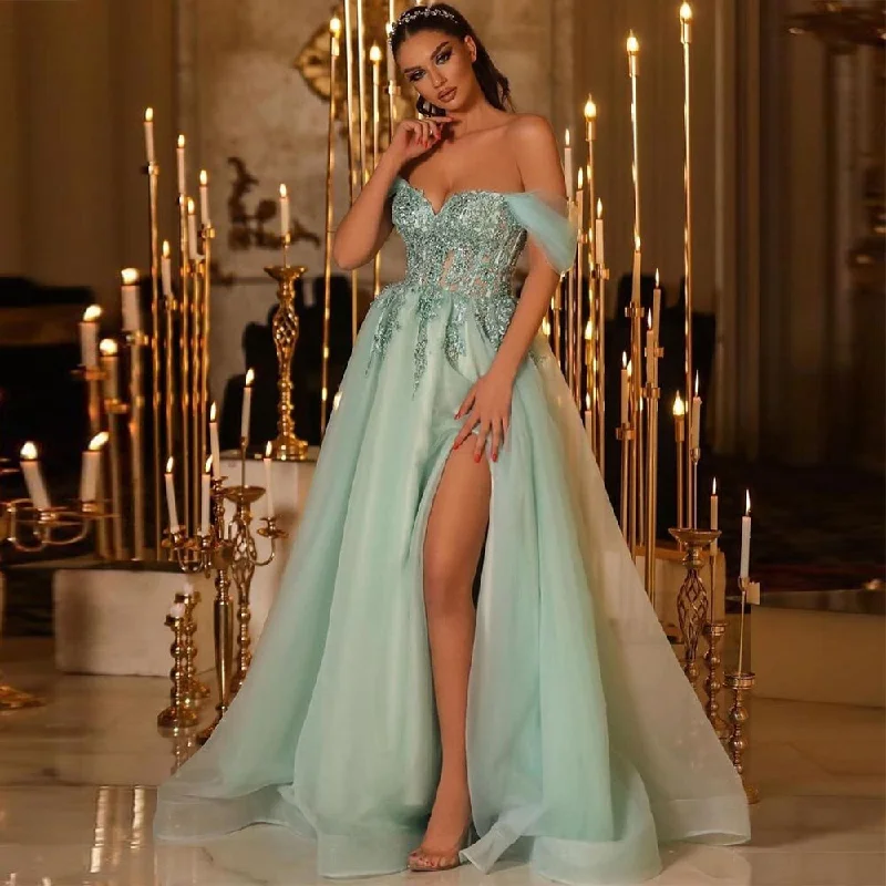 Cinessd  Long Tulle  Prom Dresses Lace Appliques Off The Shoulder High Side Split A-Line Dubai Formal Party Dress Evening Gowns Tunics Practical durable