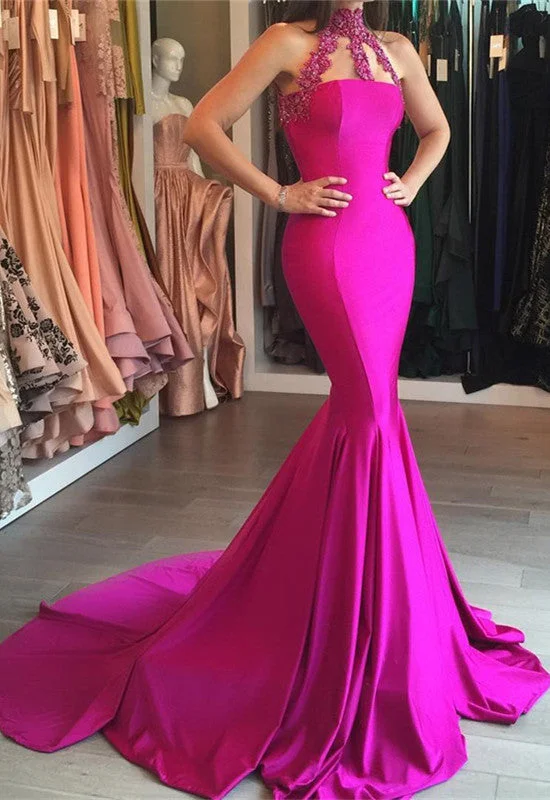 Sleeveless High Neck Evening Gown Mermaid Sweep-Train Lace-appliques Modest Prom Dress BA6354 Sleeveless High Neck Evening Gown Mermaid Sweep-Train Lace-appliques Modest Prom Dress BA6354