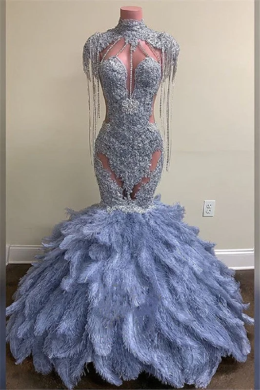 High Neck Beads Appliques Feather Prom dresses | Gorgeous Mermaid Open Back Evening Gowns