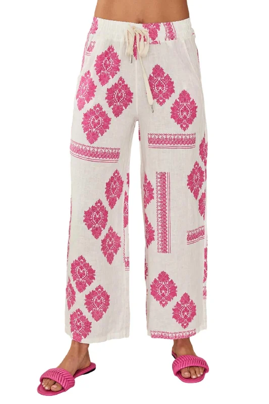 Linen Damask Print Drawstring Pants In Fuschia Pink High-Waist Trousers