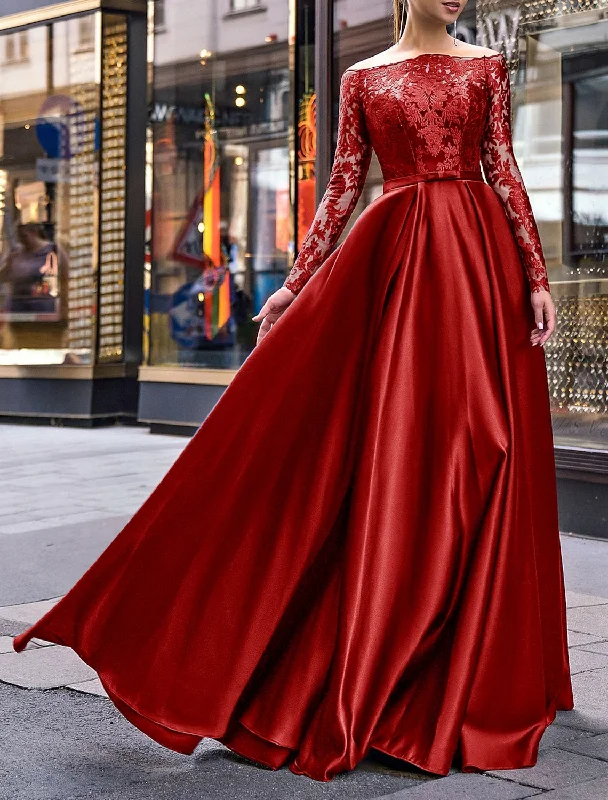 A-Line Evening Gown Party Dress Elegant Dress Wedding Guest Fall Floor Length Long Sleeve Off Shoulder Belt / Sash Satin with Appliques Tunics Canvas sturdy