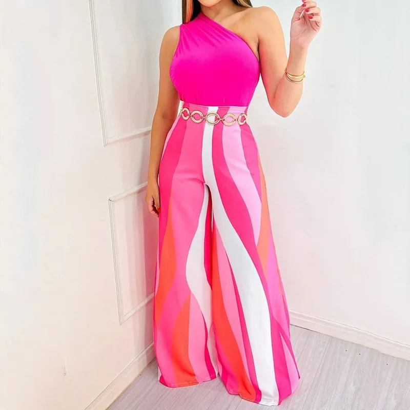 Fashion Oblique Shoulder Sleeveless Vest Loose Wide Leg Printed Pants Women Casual Two Pieces Set Cozy Full-Length Pants