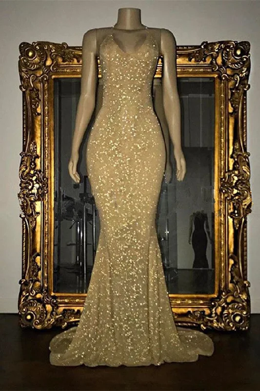 Stunning Rose Pink Sequined Evening Gown Long Spaghetti Strap Mermaid Sleeveless  Prom Dress MQ0050