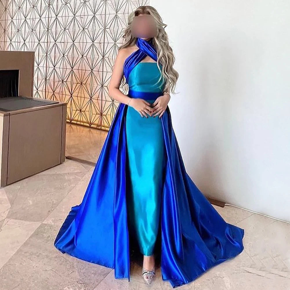 Serene Hill Arabic Blue Contrast Evening Dress with Overskirt Criss Cross Halter Women Wedding Party Dress 2024 LA72197 Tunics Print Colorful