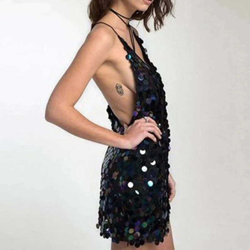 Wjczt - Glitter Sequins Spaghetti Strap Dress Backless Evening Party Dress Sleeveless Fashion Summer Deep V-Neck Night Club Outfit Tunics Winter warm