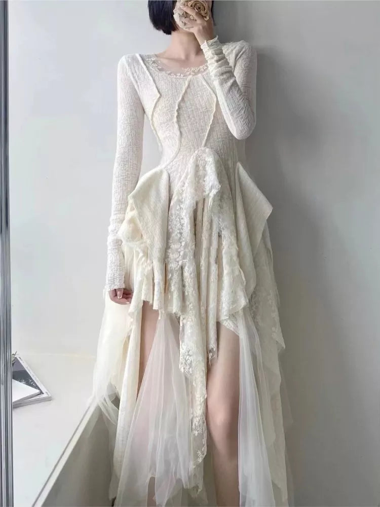 Wjczt - French Elegant Women's Vintage Dress 2022 Autumn Winter New Irregular Lace Splicing Evening Long Bridesmaid Party Dress Tunics Bridal satin