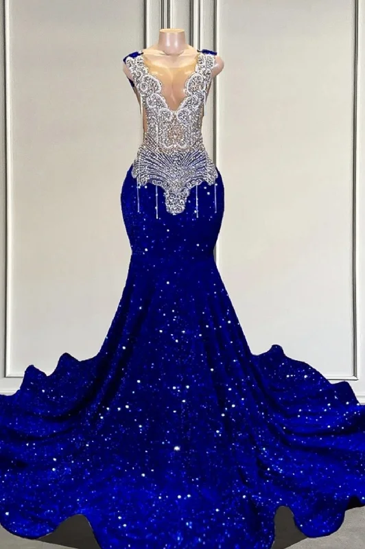 Royal Blue sequin Silver Beaded Mermaid Long V-neck Prom Party Dresses Tunics Travel practical