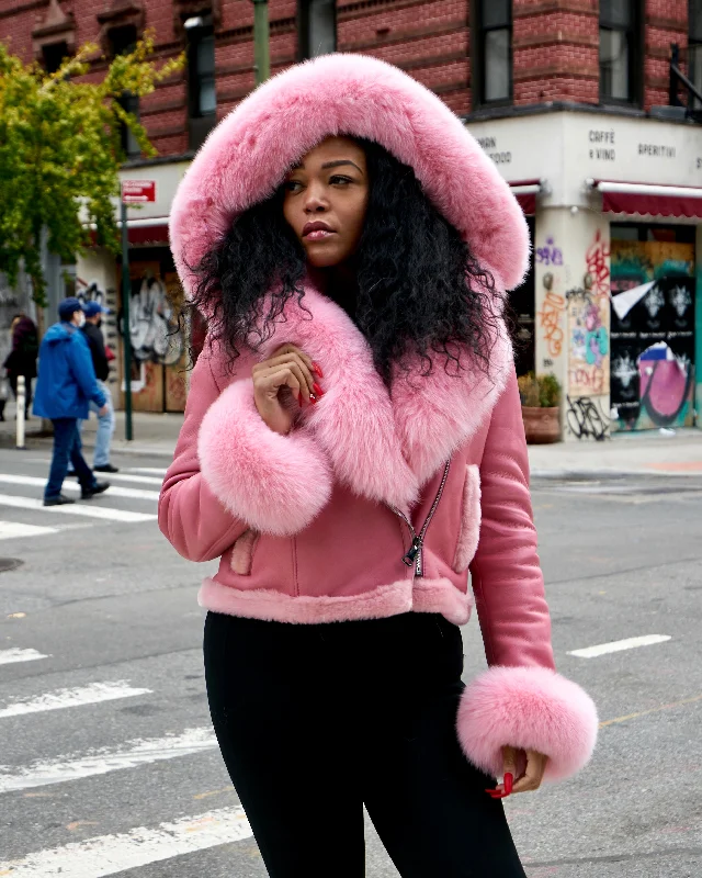 WOMEN SHEARLING- CROP TOP PINK WITH PINK SHEARLING Silk Blend Satin Velvet