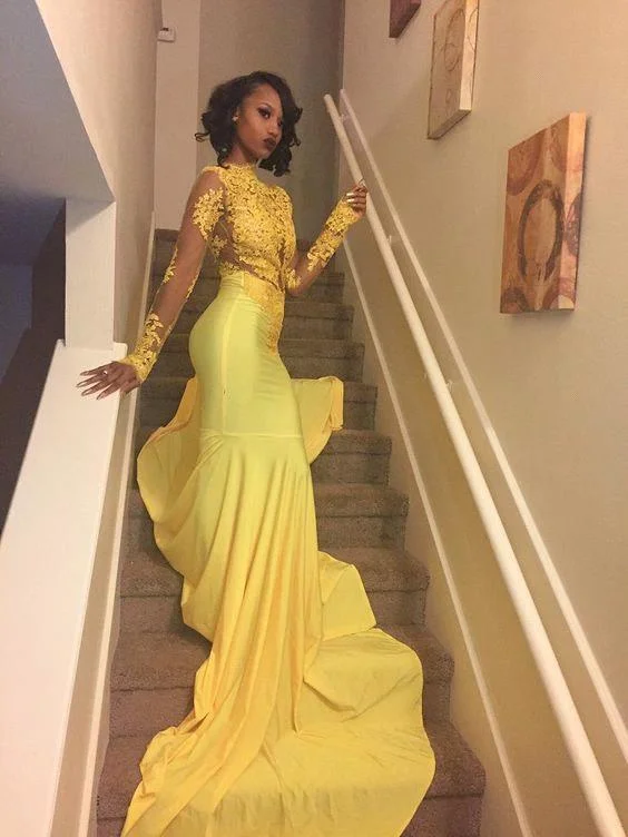 Beautiful High Neck Evening Dress Yellow Long-Sleeve Lace Appliques Mermaid Prom Dress Beautiful High Neck Evening Dress Yellow Long-Sleeve Lace Appliques Mermaid Prom Dress