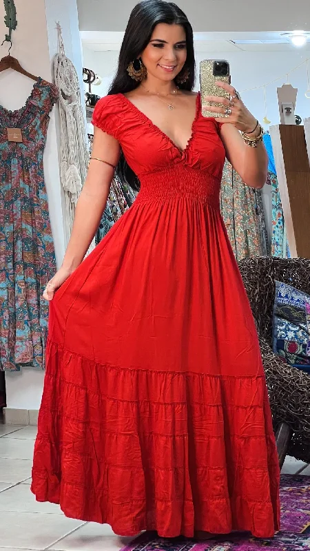 Peasant Dress-LD-86-Red Tunics Trendy modern