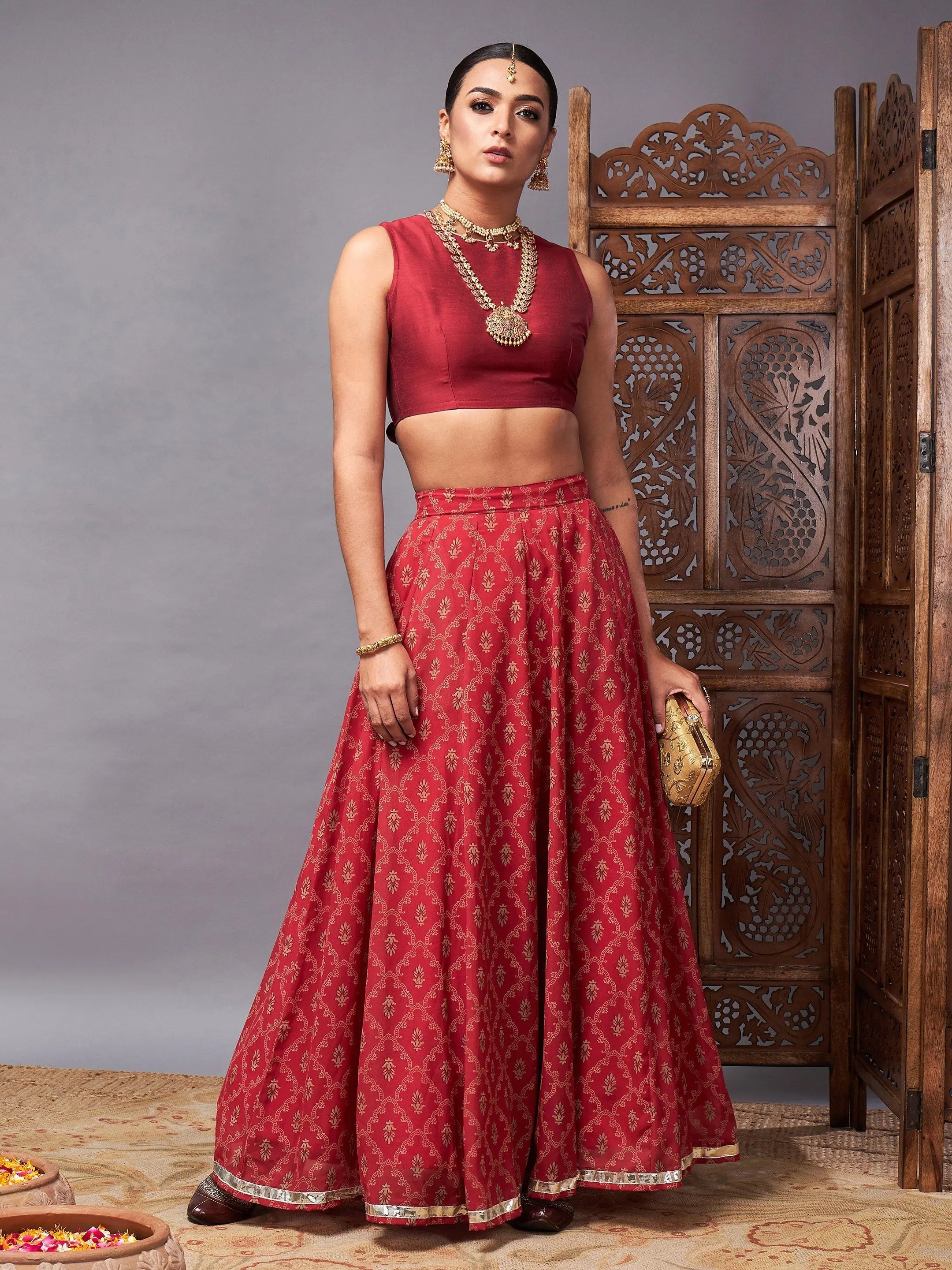 Women Maroon Crop Top With Pocket Anarkali Skirt Layered Multi-layer Single Layer