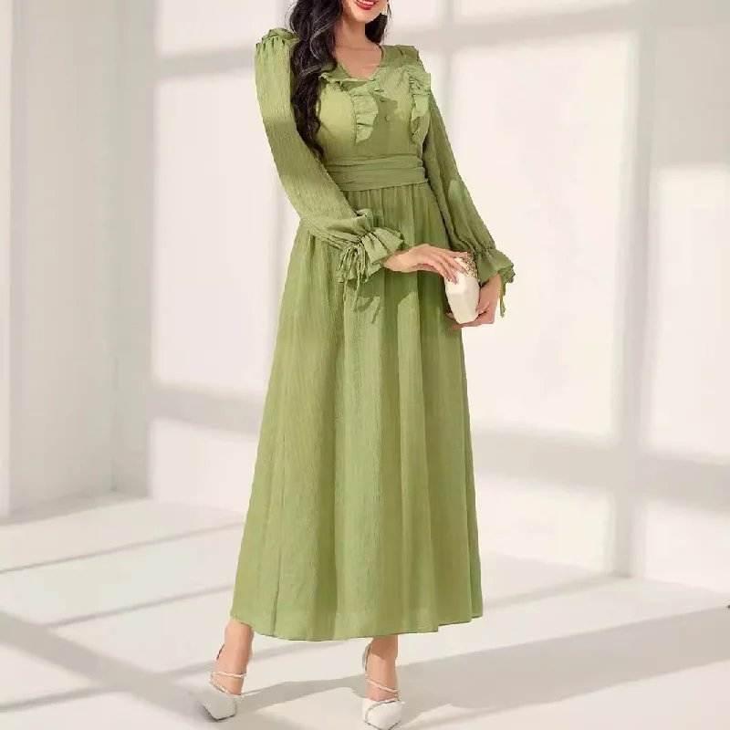Women's V-neck Trim Waist Green Dress
