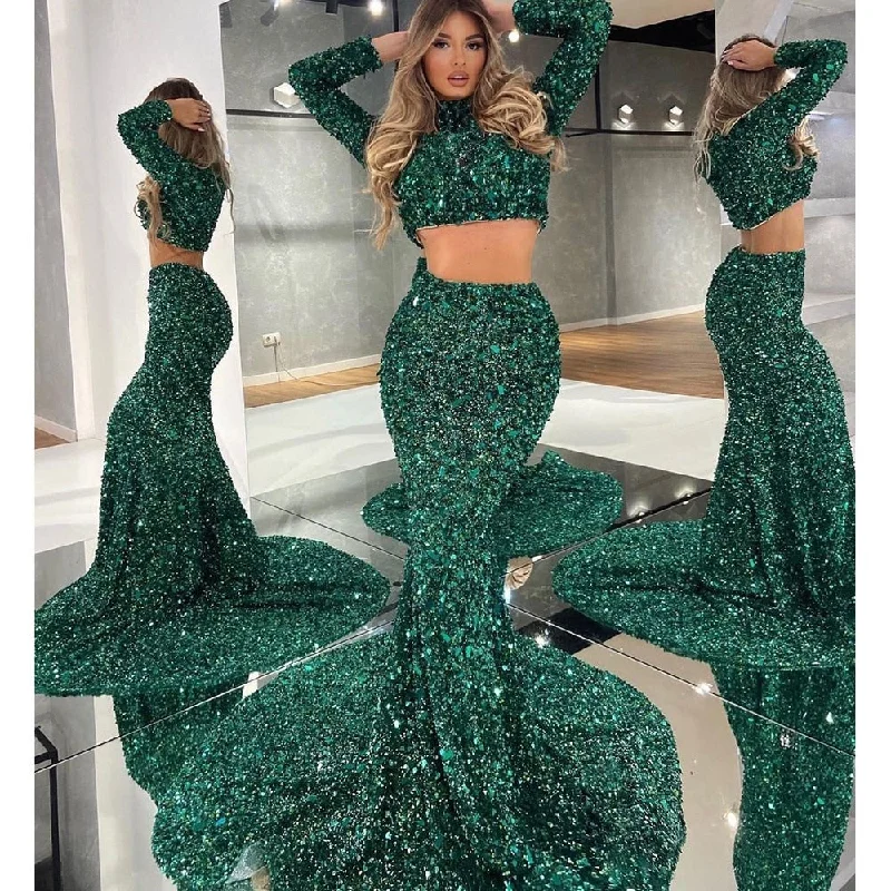Prom Dresses  Sexy Dark Green Sequins Two Pieces Mermaid Prom Dresses Full Sleeves Long Party Dress Women Gowns Customized Robe De Soiree sweetheart Neckline Romantic