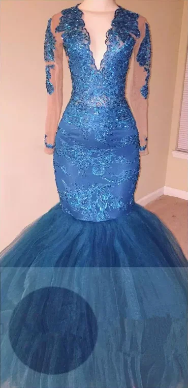 Ocean Blue Lace Appliques Mermaid Prom Dress V-neck Long Sleeve Sheer Evening Gowns BA6083 Ocean Blue Lace Appliques Mermaid Prom Dress V-neck Long Sleeve Sheer Evening Gowns BA6083