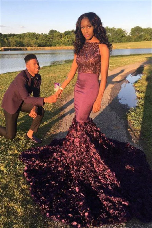 Flowers Unique Long-Train  Modern Mermaid Sleeveless Sheath Prom Dress
