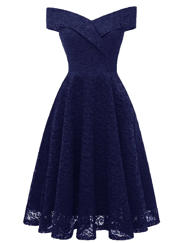 A-Line WE Party Dress Wedding Guest Holiday Knee Length Short Sleeve Off Shoulder Bridesmaid Dress Lace with Pleats Lace Insert Tunics Canvas sturdy