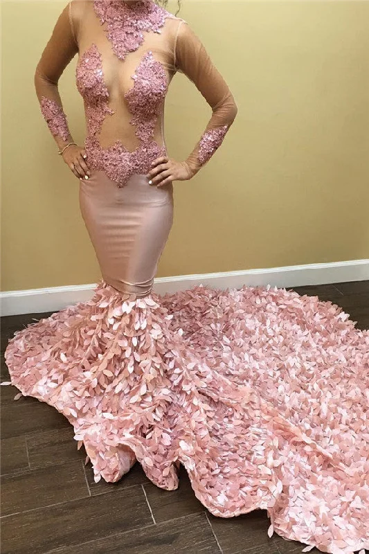 See Through Tulle Sexy Pink Prom Dresses |  Lace Long Train Evening Gown FB0355