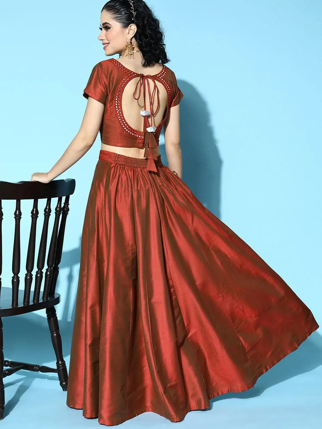 Women Rust Mirror Emb Crop Top With Anarkali Skirt Asymmetrical Pockets Print