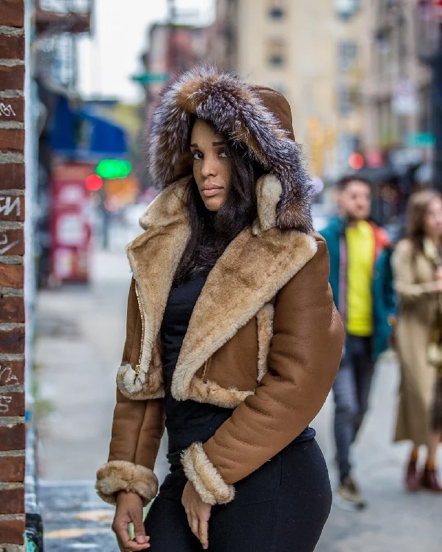 WOMEN SHEARLING- CROP TOP COGNAC WITH CRYSTAL FOX HOOD Casual Formal Business