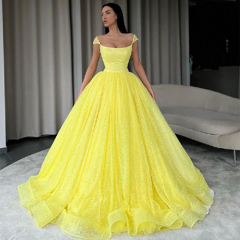 Cinessd  Sparkly Yellow Tulle Prom Dresses Cap Sleeves Square Neck A Line Long Evening Party Dress Vestido De Fiesta De Graduación Tunics Formal black