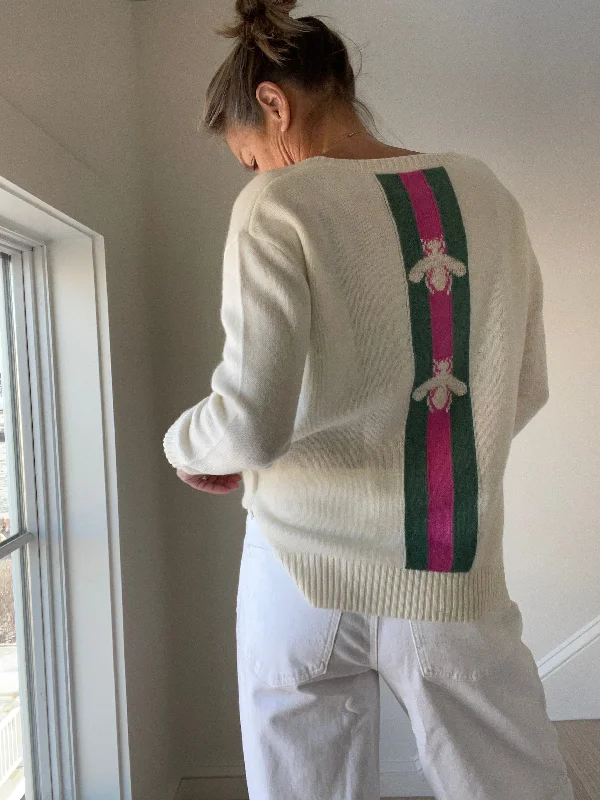 Ivory Deep V-Neck Bee Cashmere Sweater Striped Floral Plaid