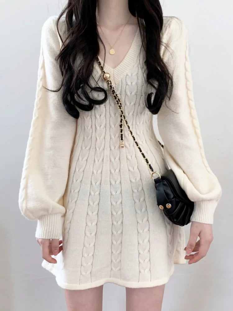 Bonnyshow  Knit Knitted Sweater Mini Dress Women Casual Lantern Sleeve Short Dresses Autumn Winter V-neck Outfits Female Satin Blend Silk Blend Wool Blend