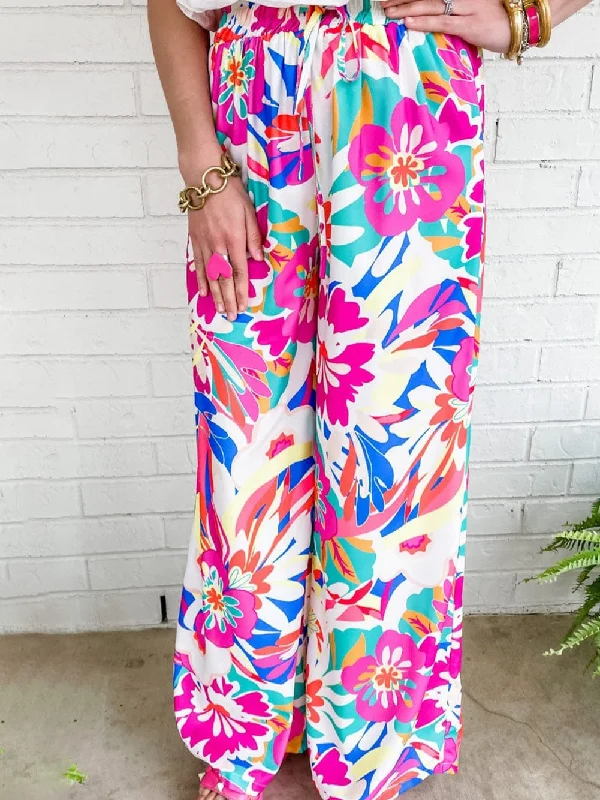 Bohemian Rose Red Floral Print Wide Leg Trousers Trousers Custom Made