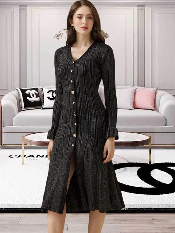 Blue Zone Planet |  V-Neck Flounce Sleeve Sweater Dress Handmade Hand-knitted Hand-woven