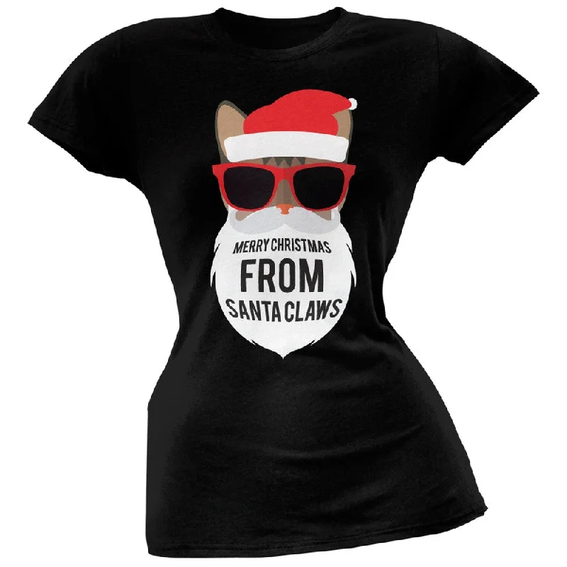 Cat Santa Ugly Christmas Sweater Juniors Black T-Shirt Velvet Chenille Corduroy