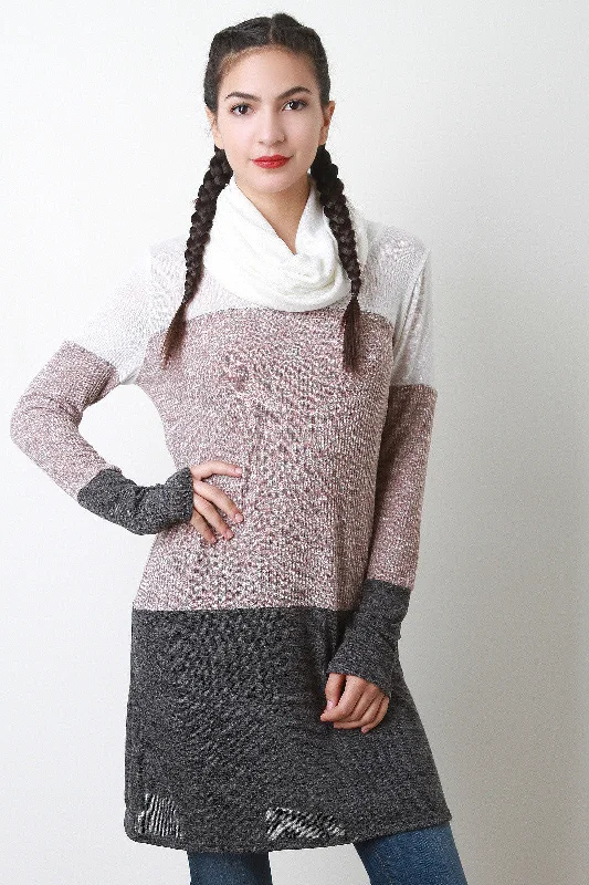 Cowl Neck Mixed Knit Sweater Dress Bright Pastel Dark