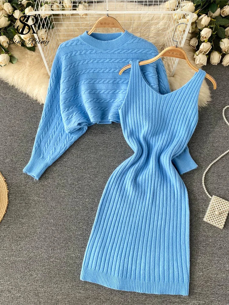 Yipinpay Autumn Knitted Dress Suits Women O Neck Long Sleeves Short Pullover+Strap Elastic Dress Korean Sweater Two Pieces Sets Boyleg Sleeve Pullover