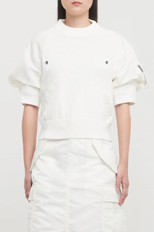 Sacai Nylon Twill Knit Pullover in Off White Crew Neck Wool