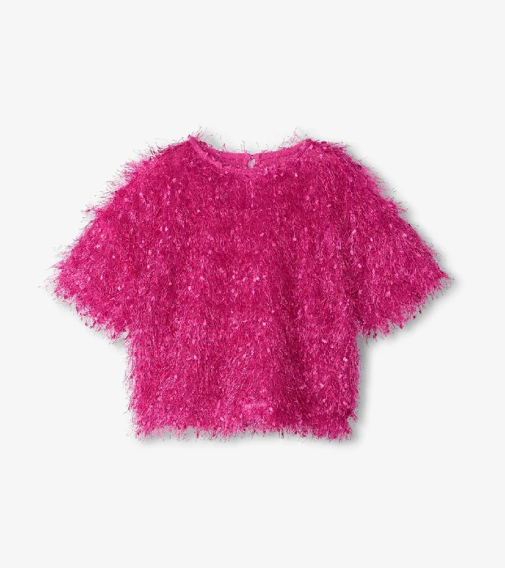 Rose Violet Fluffy Sweater Knit Top Real Fur Shearling Chenille