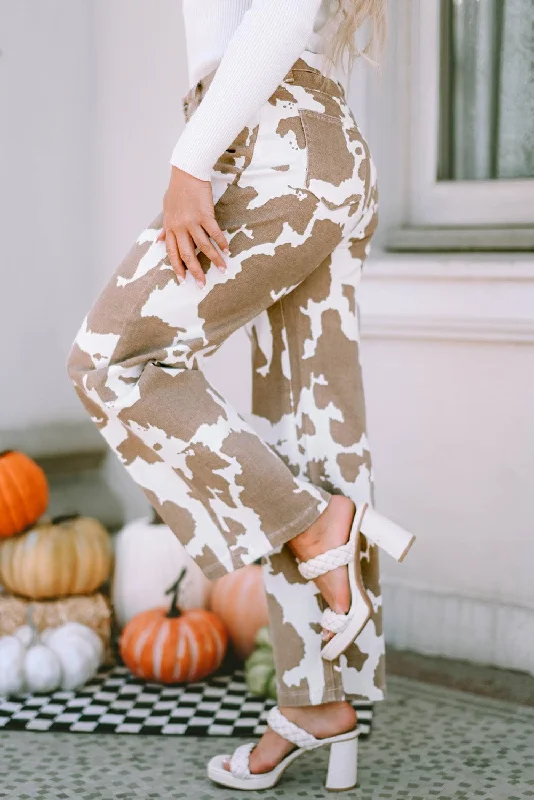 Stylish Flared Leg Cow Print Trousers Trousers Office Stylish