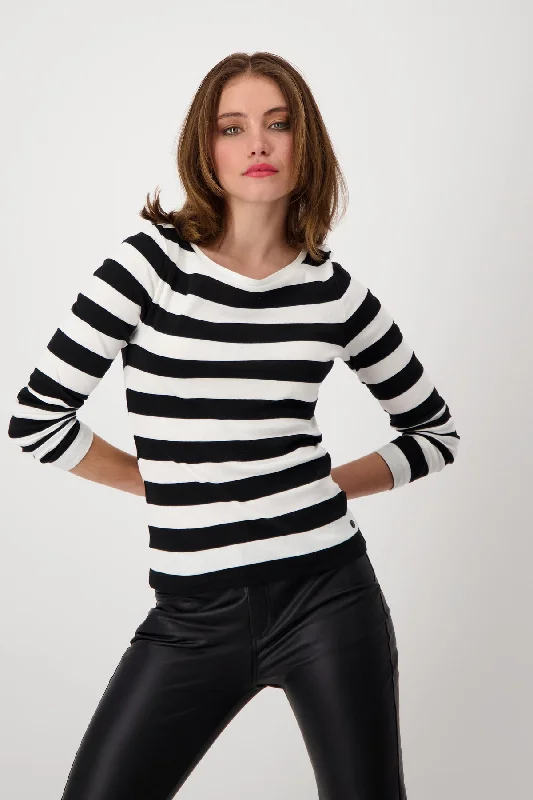 Pullover, schwarz Ringel Gathered Sleeve Pullover
