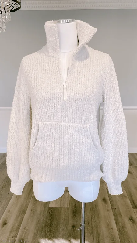 Luna Plush Pullover Zip Neck Sweater with Kanga Pockets Slim Sleeve Pullover