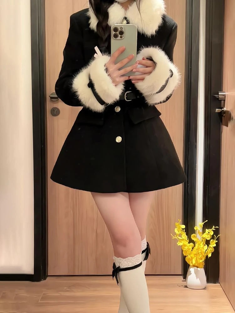 Yipinpay Winter Korean Fashion Jacket Coat Women Outwear Wool Elegant Slim Dress Coat Office Lady Warm Fur Thick Long Sleeve Blends Cardigan Sweater Pullover